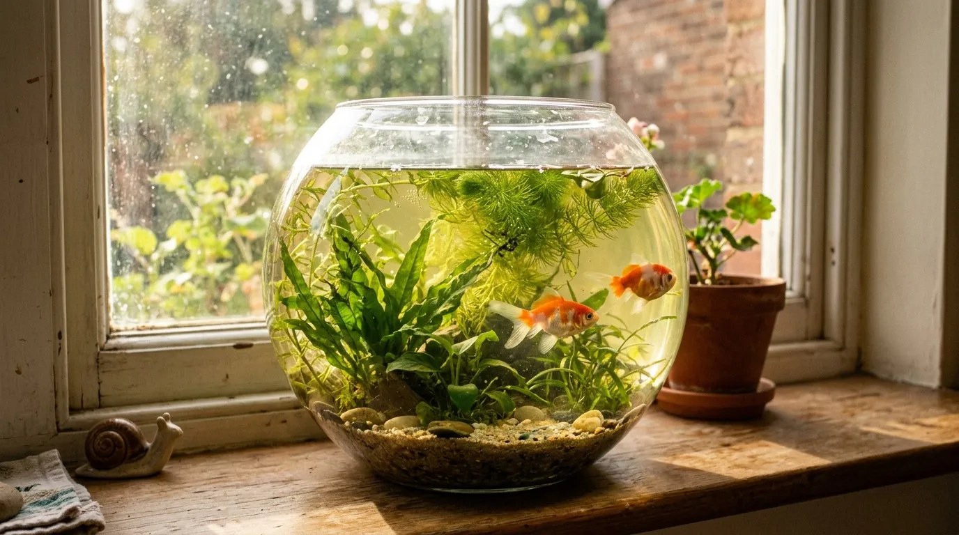 Aquarium rond avec poissons rouges et plantes aquatiques sur rebord fenêtre