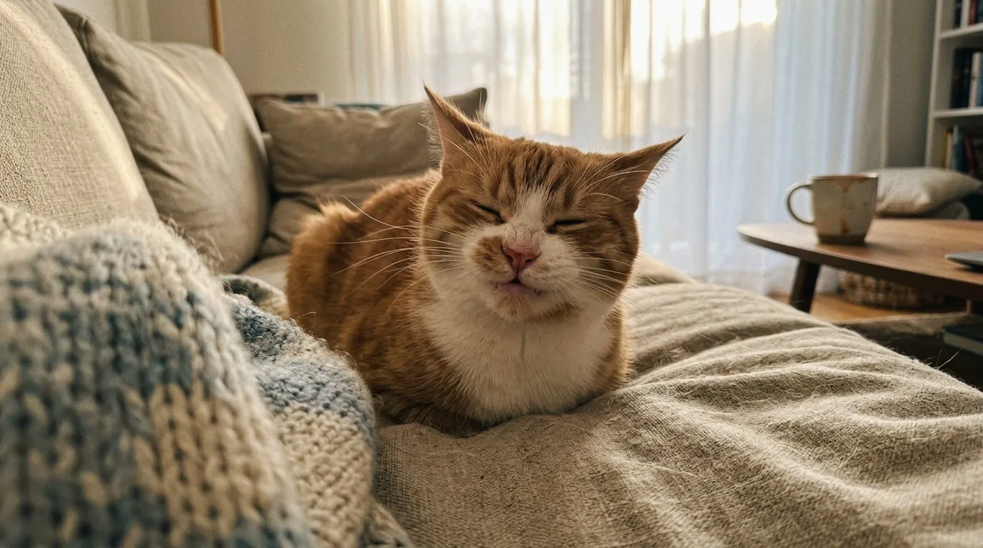 Chat roux et blanc confortablement allongé sur un canapé beige