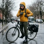 Femme à vélo sous la pluie, vêtue d'un imperméable jaune