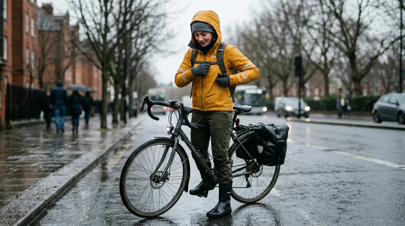 Femme à vélo sous la pluie, vêtue d'un imperméable jaune
