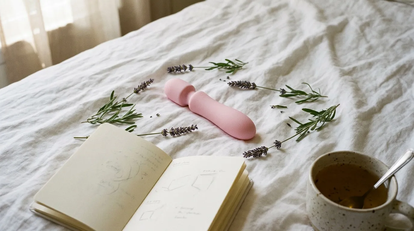 Carnet ouvert, masseur rose, lavande et café sur lit