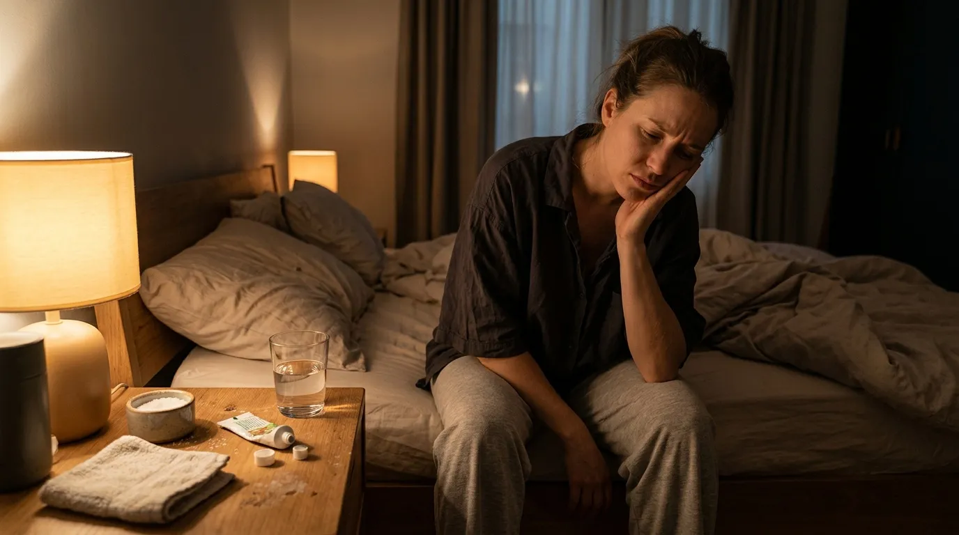 Femme souffrant assise sur son lit, regard préoccupé