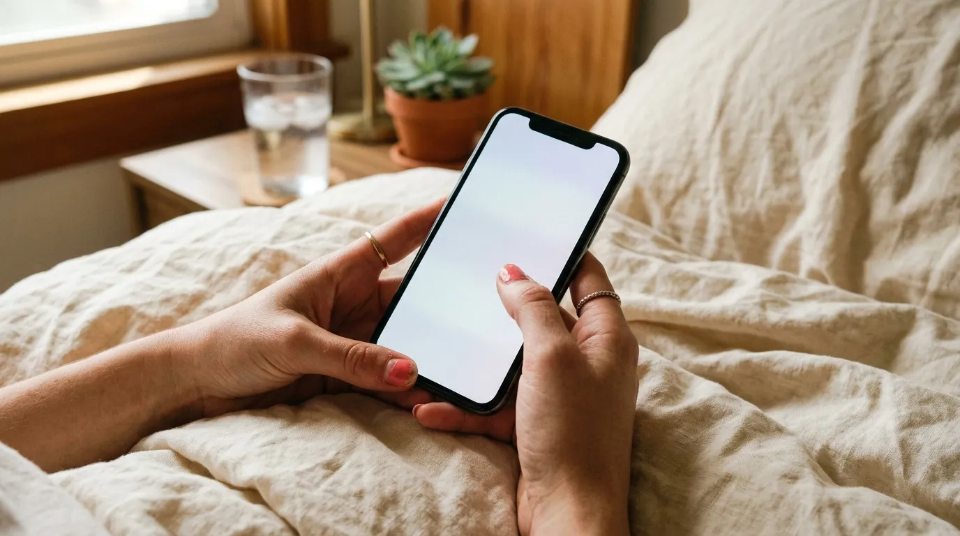 Mains féminines tenant téléphone avec écran blanc au lit