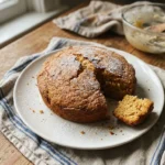 Gâteau doré saupoudré de sucre sur assiette blanche