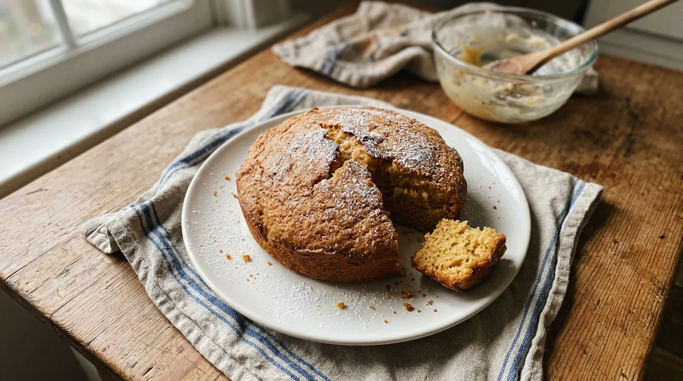 Gâteau doré saupoudré de sucre sur assiette blanche