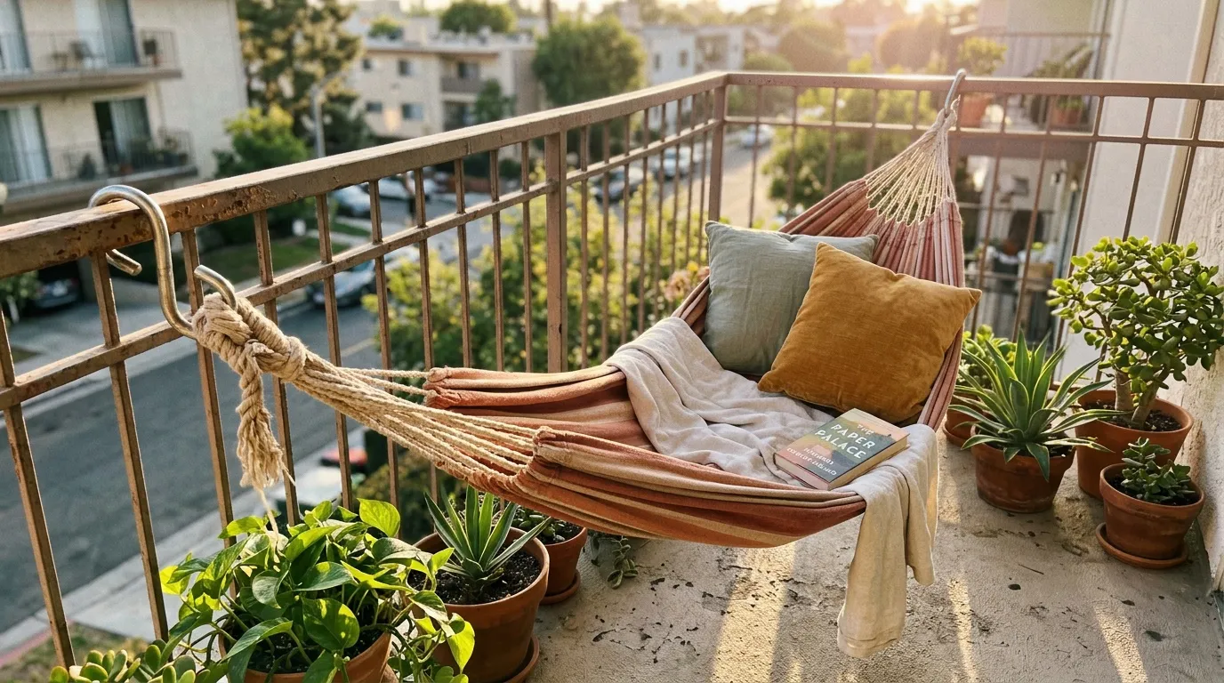 Hamac rayé avec coussins sur balcon avec vue urbaine