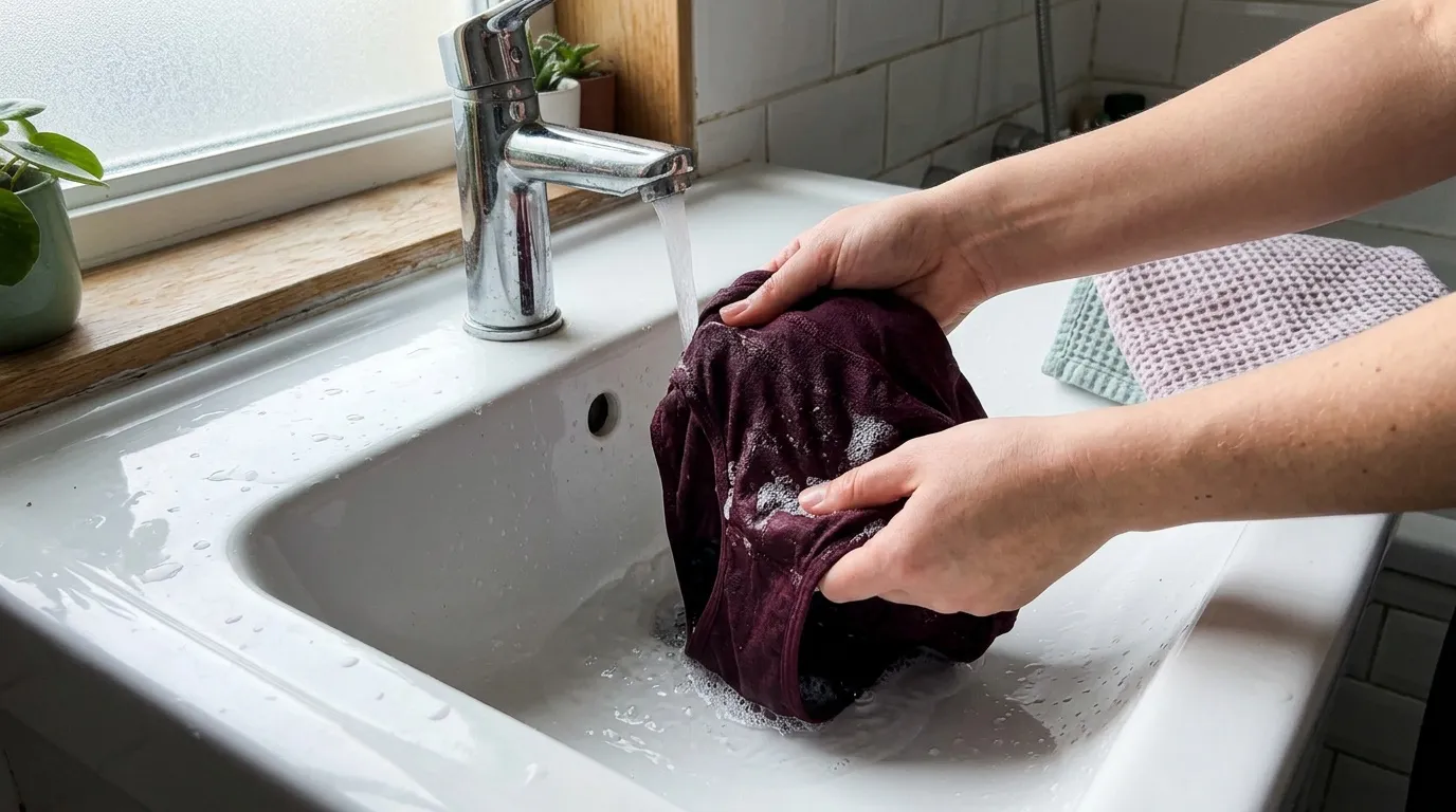 Mains lavant un tissu bordeaux sous l'eau courante