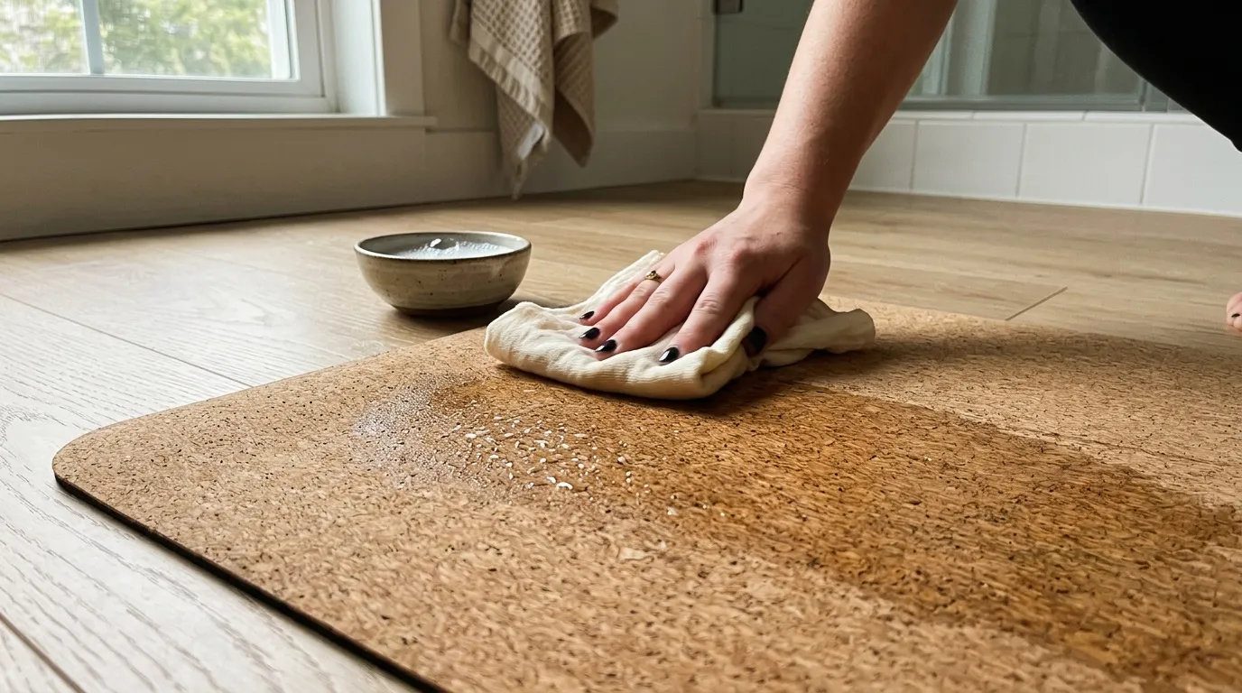 Femme nettoyant un tapis en liège avec un chiffon humide