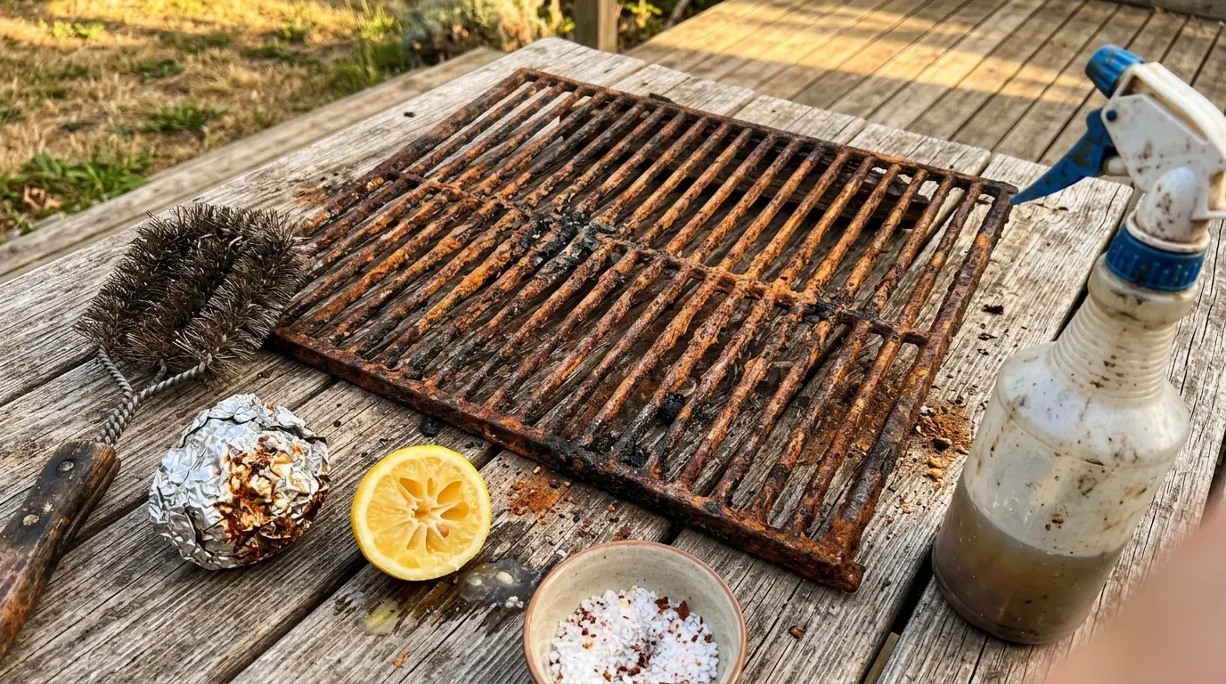 Grille barbecue rouillée avec outils de nettoyage et produits