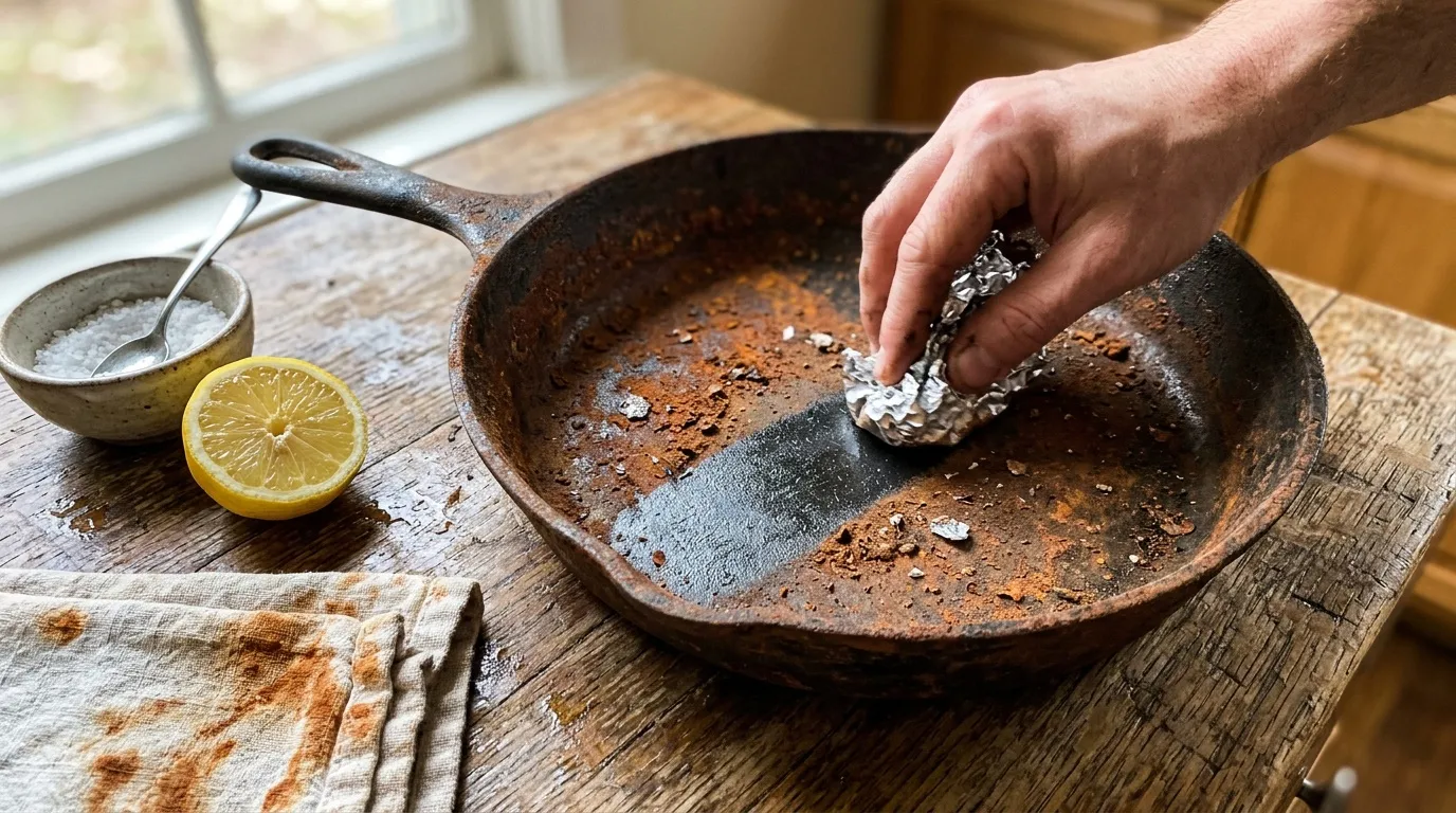 Main nettoie une poêle avec du citron et du sel