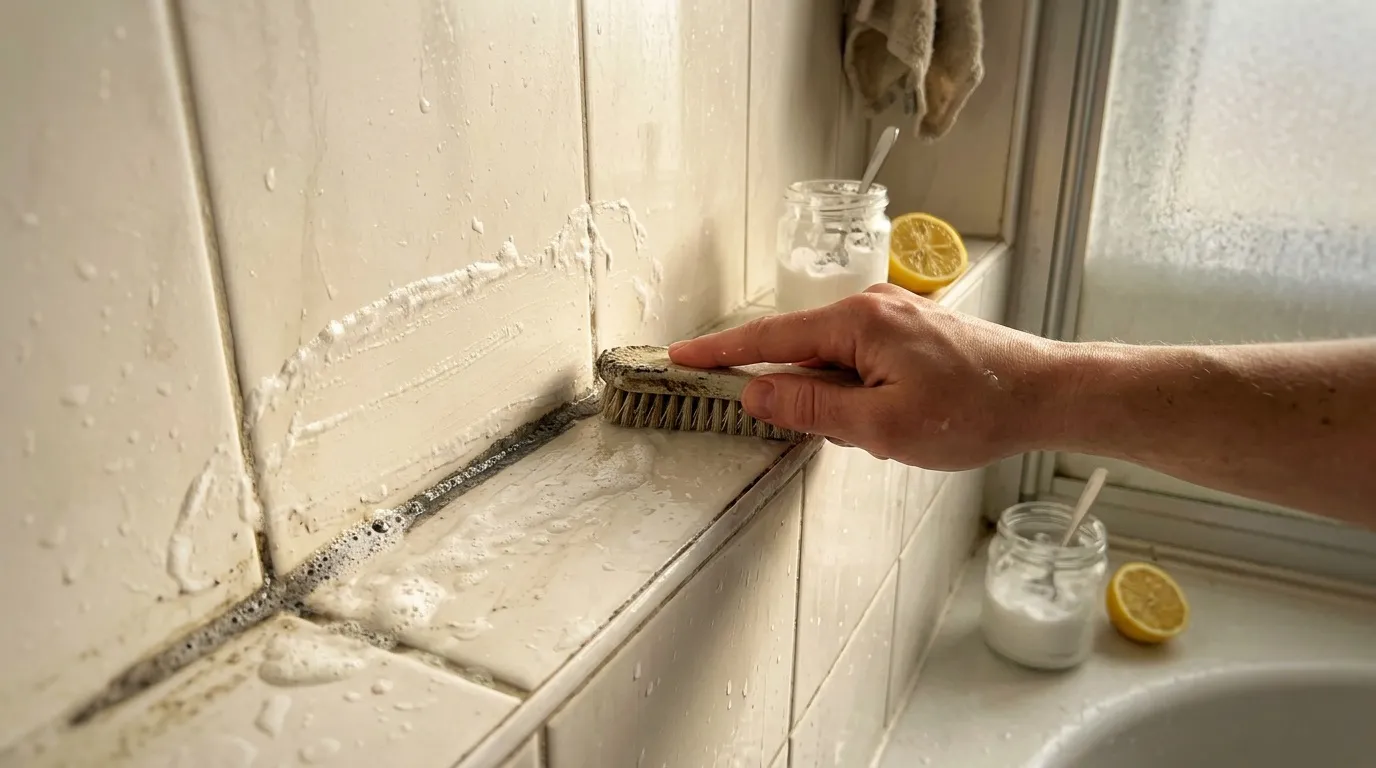 Main brossant un rebord de fenêtre avec produit naturel