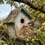 Un petit oiseau s'approche d'un vieux nichoir en bois suspendu dans les arbres