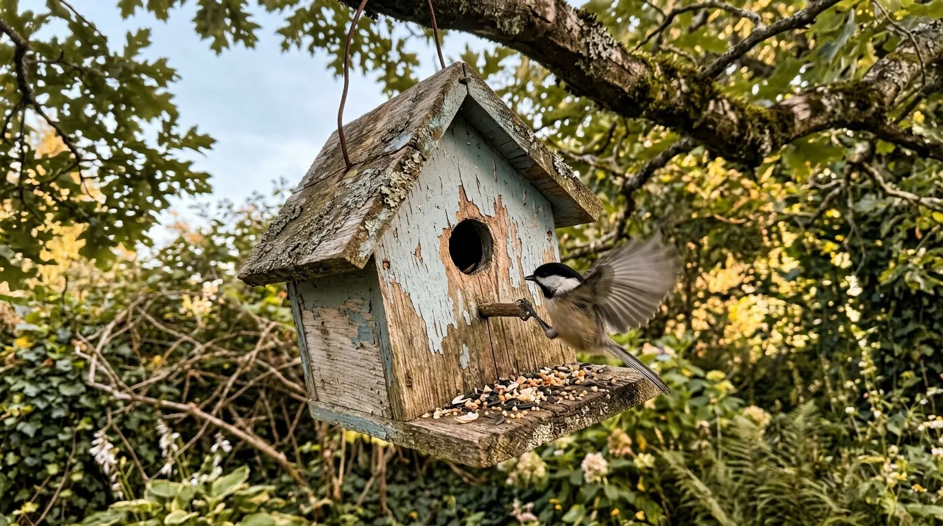 Un petit oiseau s'approche d'un vieux nichoir en bois suspendu dans les arbres