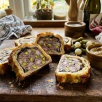 Tranches de pâté en croûte avec pistaches sur planche bois