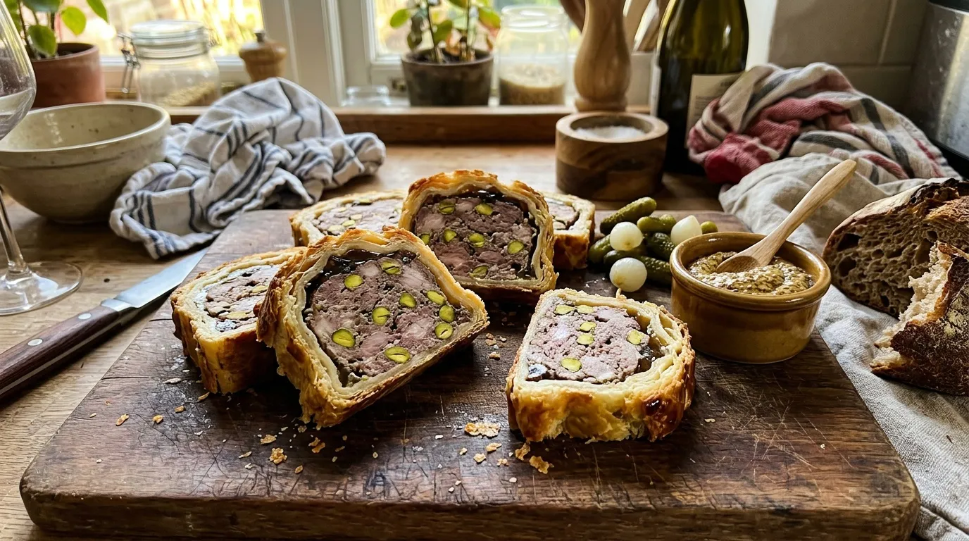 Tranches de pâté en croûte avec pistaches sur planche bois