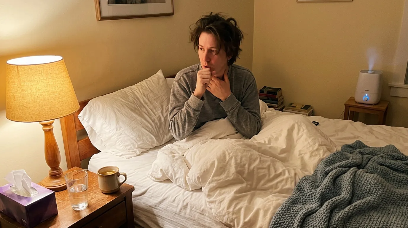 Femme assise sur un lit, semblant malade ou fatiguée