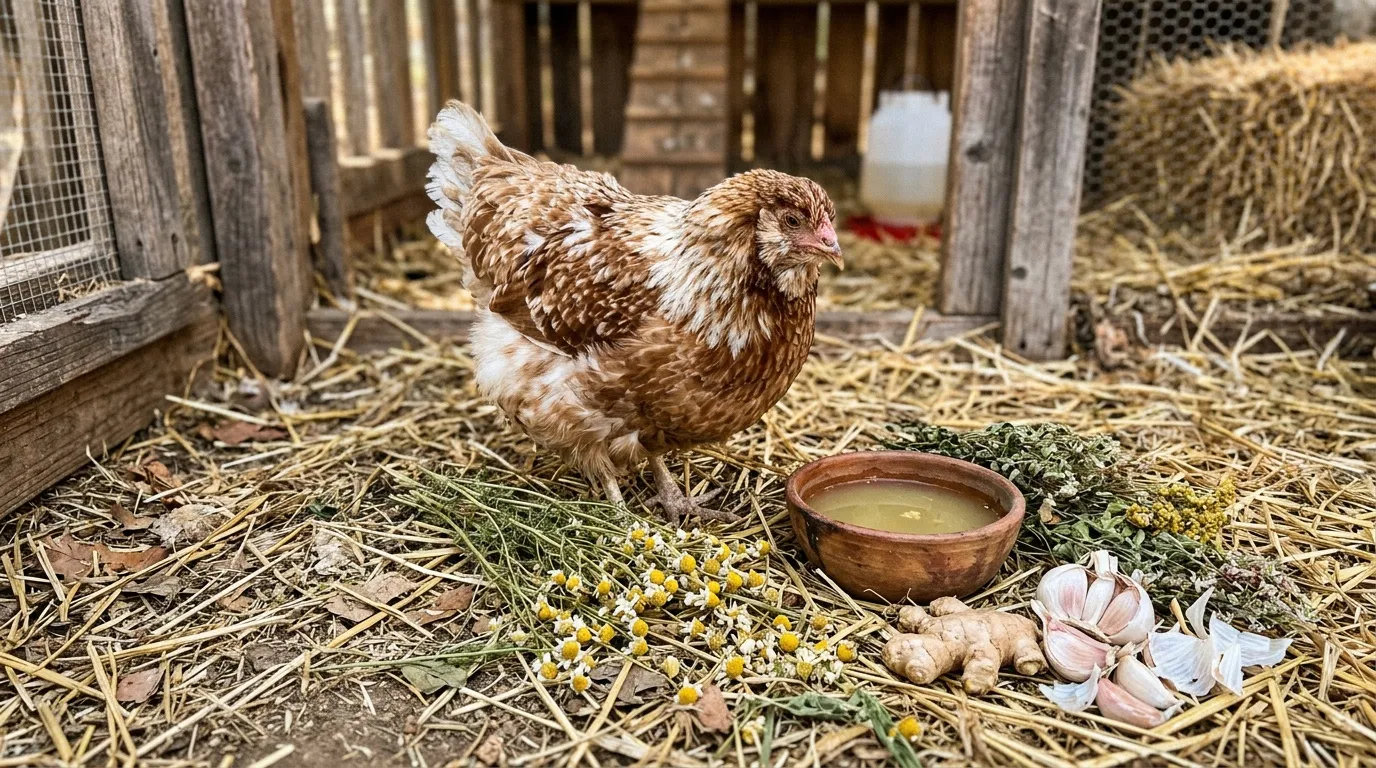 Poule brune et blanche près d'une gamelle d'eau et herbes aromatiques