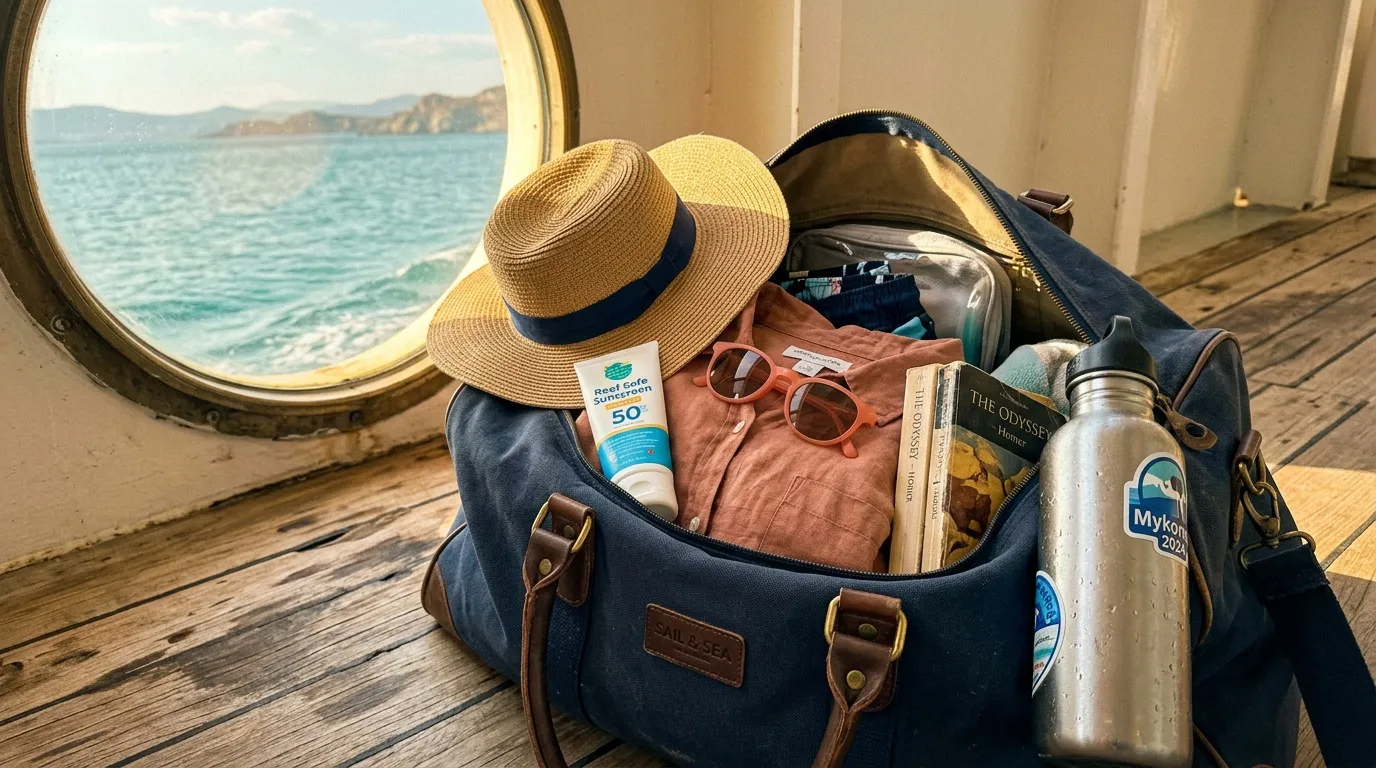 Sac ouvert avec accessoires de plage près d'un hublot