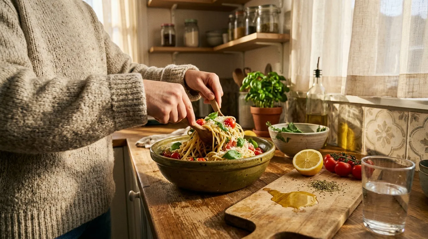 Femme servant des pâtes garnies de tomates dans une cuisine ensoleillée