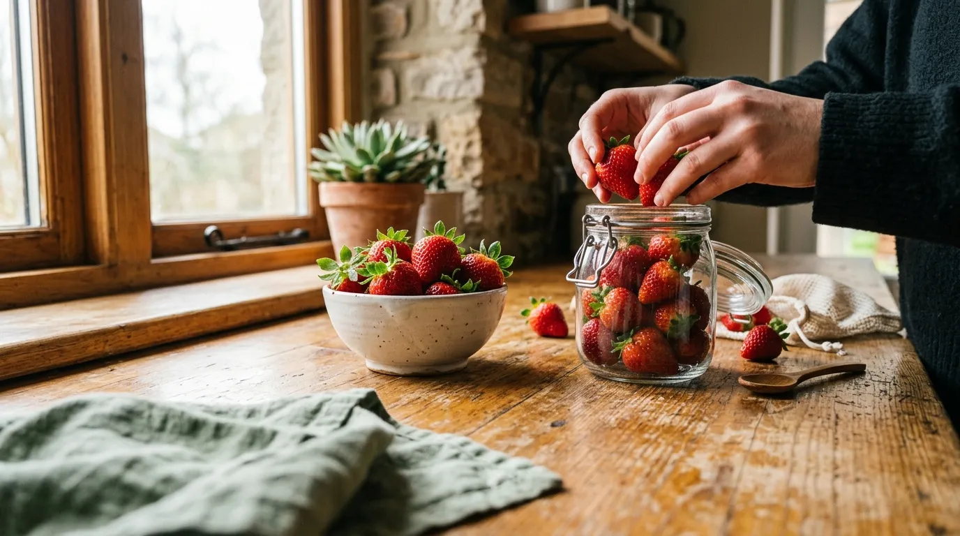 Personne versant des fraises rouges fraîches dans un bocal en verre
