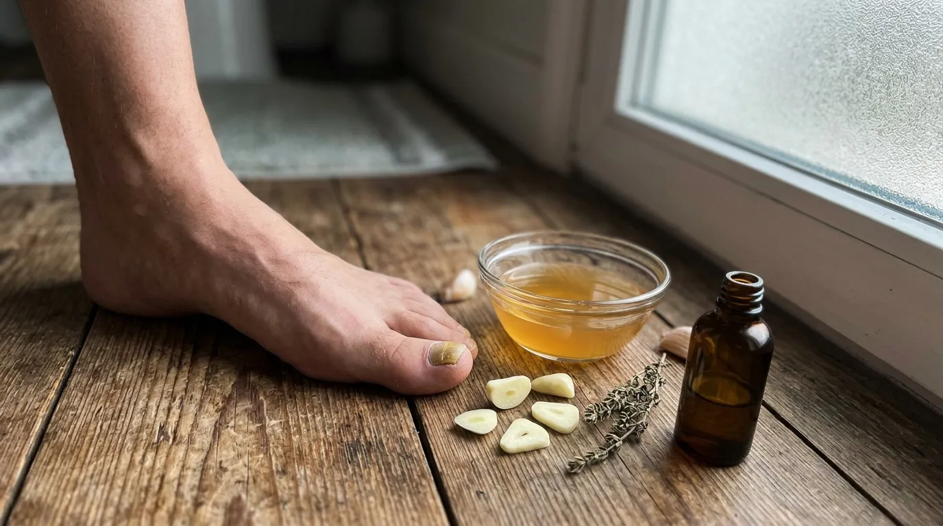 Pied nu près d'ail, huile essentielle et miel sur bois