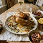 Table avec poulet rôti, accompagnements et verres de vin blanc