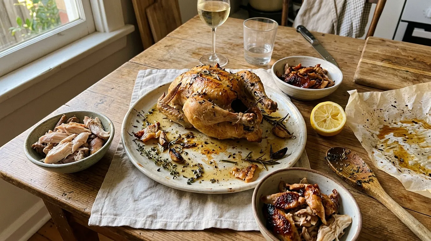Table avec poulet rôti, accompagnements et verres de vin blanc