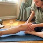Femme en tenue sportive effectue un étirement des jambes