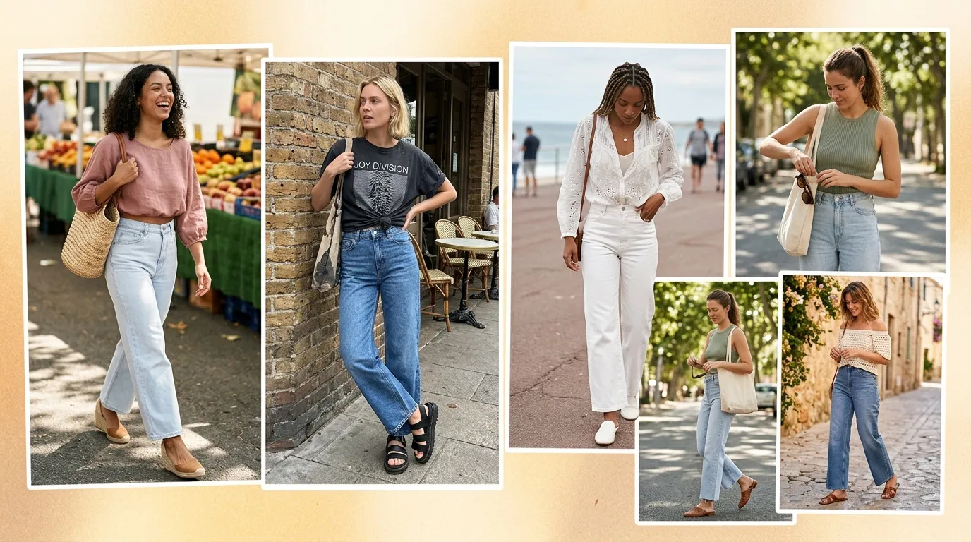 Six femmes portant différents looks décontractés avec jeans et tops simples